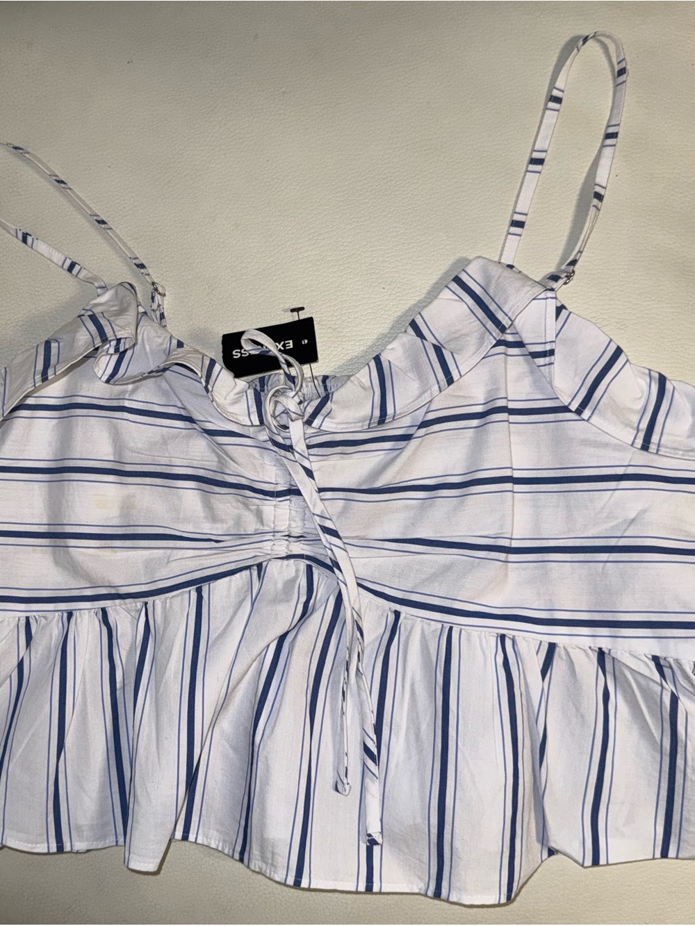 Express White and Blue Striped Tie-Front Ruffle Cami